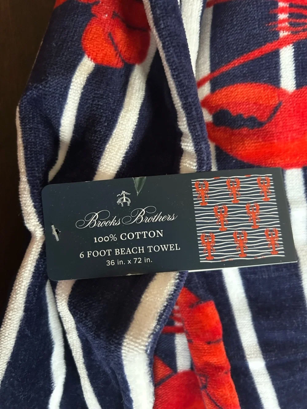 Brooks Brothers Home Beach Towel Cotton Striped Lobster print Blue red 36”x72”